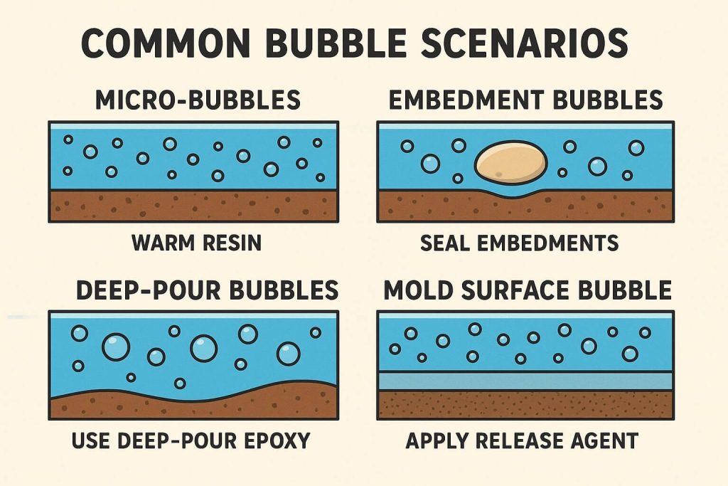 Infographic of common resin bubble scenarios with clear solutions: micro-bubbles, embedment bubbles, and deep-pour bubbles.