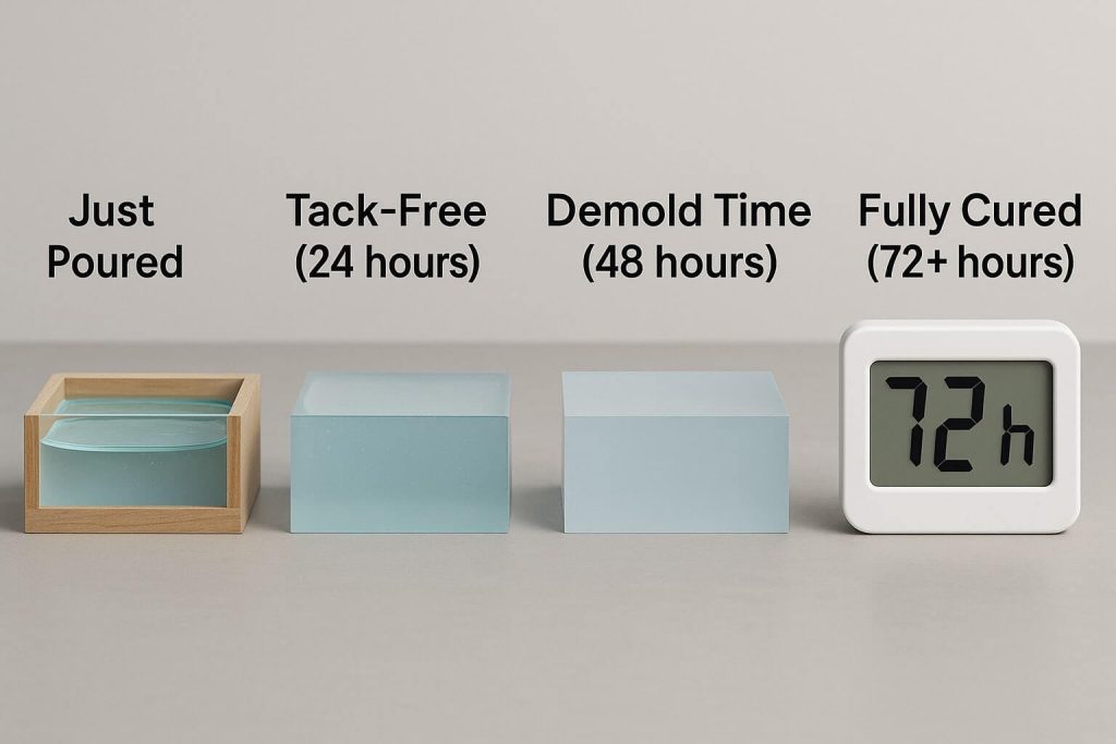 Sequential stages of epoxy resin curing from freshly poured to fully cured, emphasizing importance of patience.