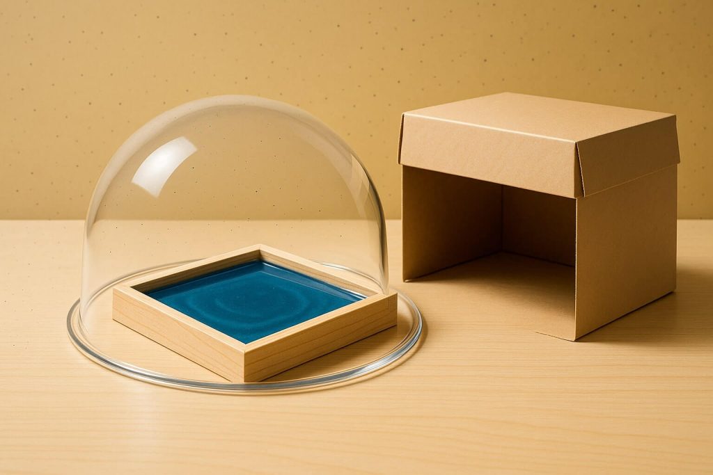 Proper protection of resin project from dust using a transparent dome cover, ensuring clean curing conditions.