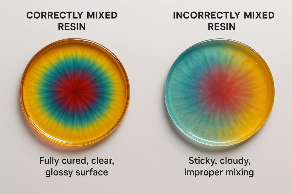 Side-by-side comparison of correctly mixed resin versus incorrectly mixed resin, highlighting sticky and cloudy resin issues.