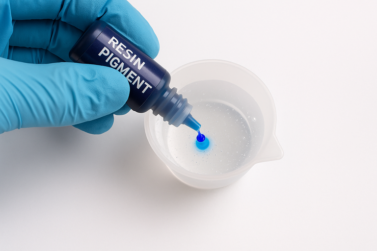 A hand in a nitrile glove adding a drop of blue pigment to a cup of clear mixed epoxy resin.