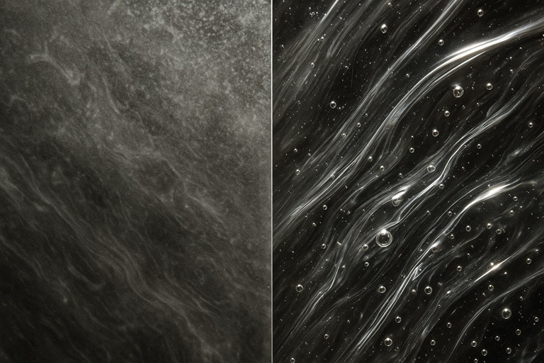 A close-up photograph showing the oily, waxy film of amine blush on a cured epoxy resin surface.
