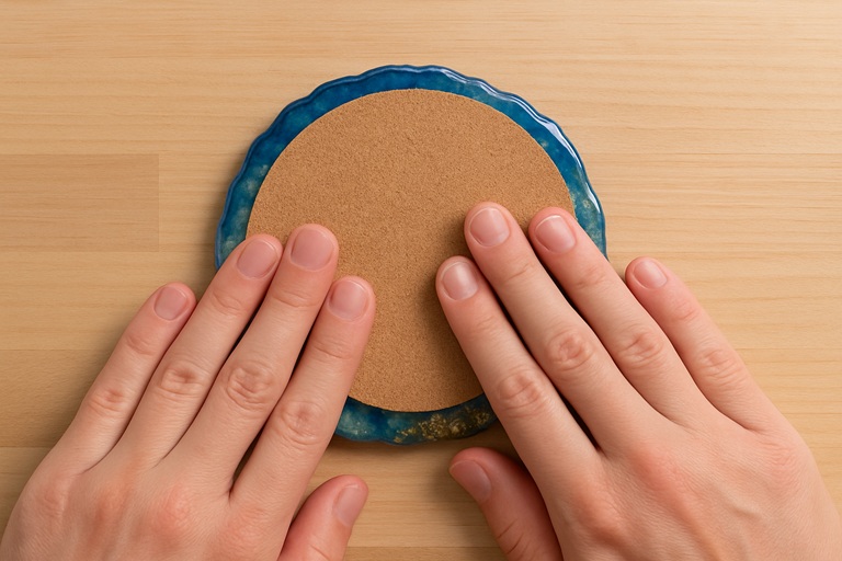 Applying a cork backing to a finished DIY resin coaster for a professional look.