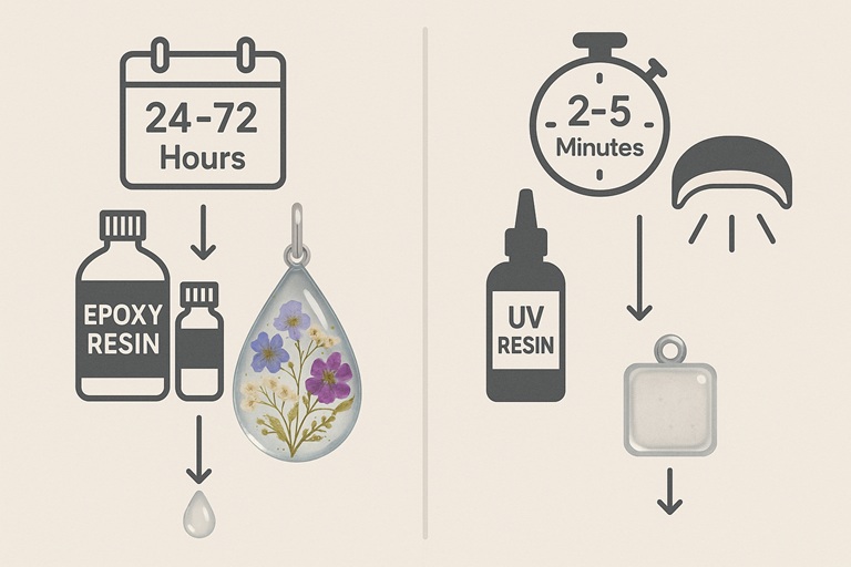 Comparison of epoxy resin long cure time for complex pieces vs UV resin fast cure time for small jewelry