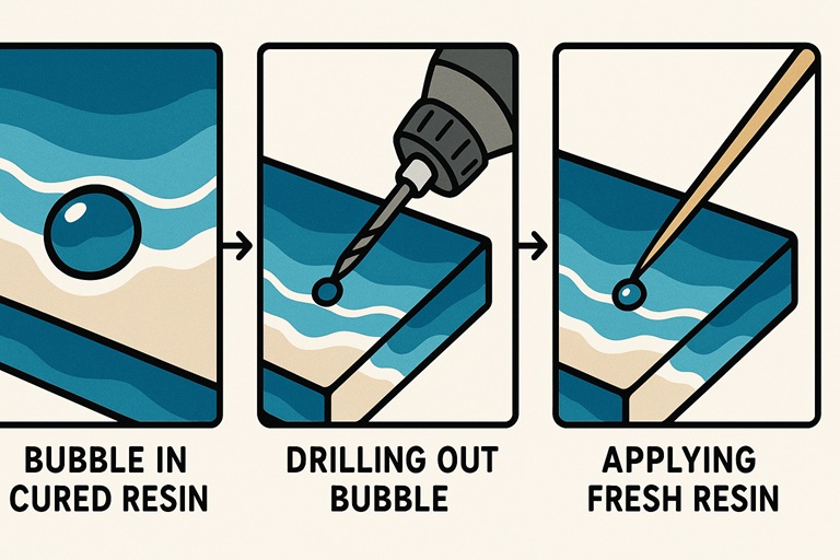 A 3-step visual guide on how to fix cured bubbles in resin by drilling, cleaning, and refilling the void.