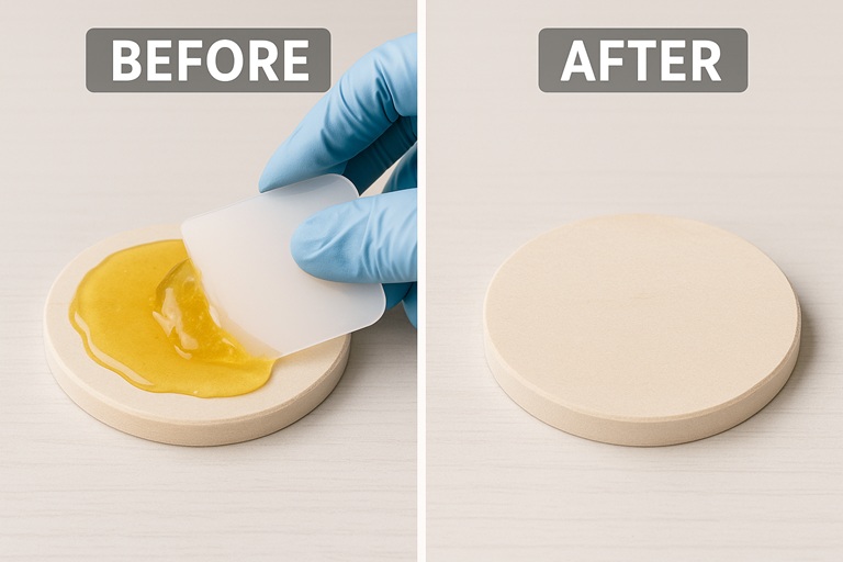 A before-and-after image showing how to fix sticky resin by scraping it off and preparing the surface for a new pour.