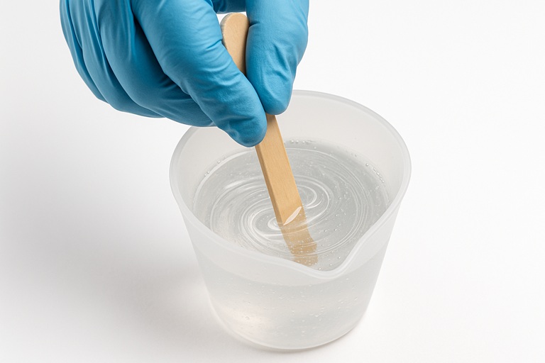 Correct technique for slowly mixing epoxy resin to prevent bubbles.