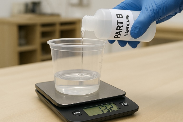 Measuring epoxy resin by weight using a digital scale to ensure a precise mix ratio.