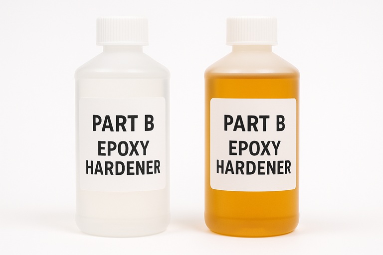A side-by-side comparison of new, clear epoxy hardener versus old, yellowed, and degraded epoxy hardener.