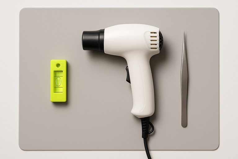 Essential resin art utility tools for beginners: a spirit level, heat gun, and tweezers on a silicone mat.
