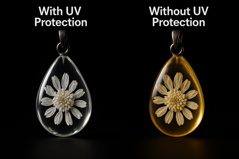Visual difference between UV resistant resin and non-UV resistant resin which has turned yellow