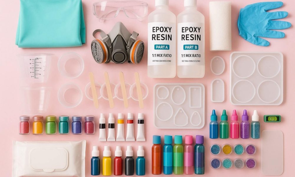 Essential resin art materials for beginners, including epoxy resin, molds, colorants, safety gear, and tools.