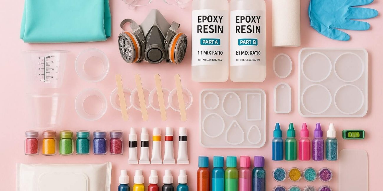 Essential resin art materials for beginners, including epoxy resin, molds, colorants, safety gear, and tools.
