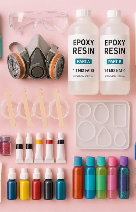 Essential resin art materials for beginners, including epoxy resin, molds, colorants, safety gear, and tools.