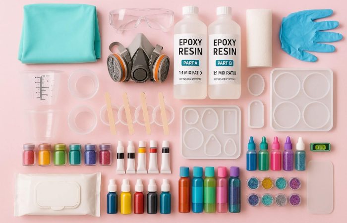 Essential resin art materials for beginners, including epoxy resin, molds, colorants, safety gear, and tools.