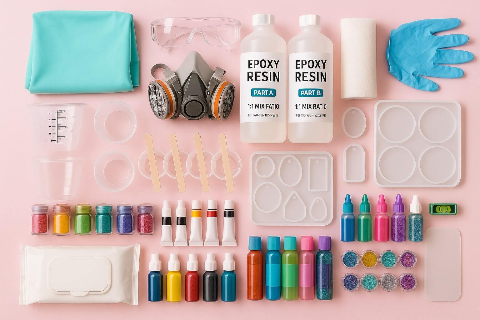 Essential resin art materials for beginners, including epoxy resin, molds, colorants, safety gear, and tools.
