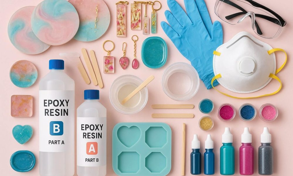 Essential resin art supplies for beginners, including epoxy resin, safety gear, silicone molds, pigments, and finished beginner projects