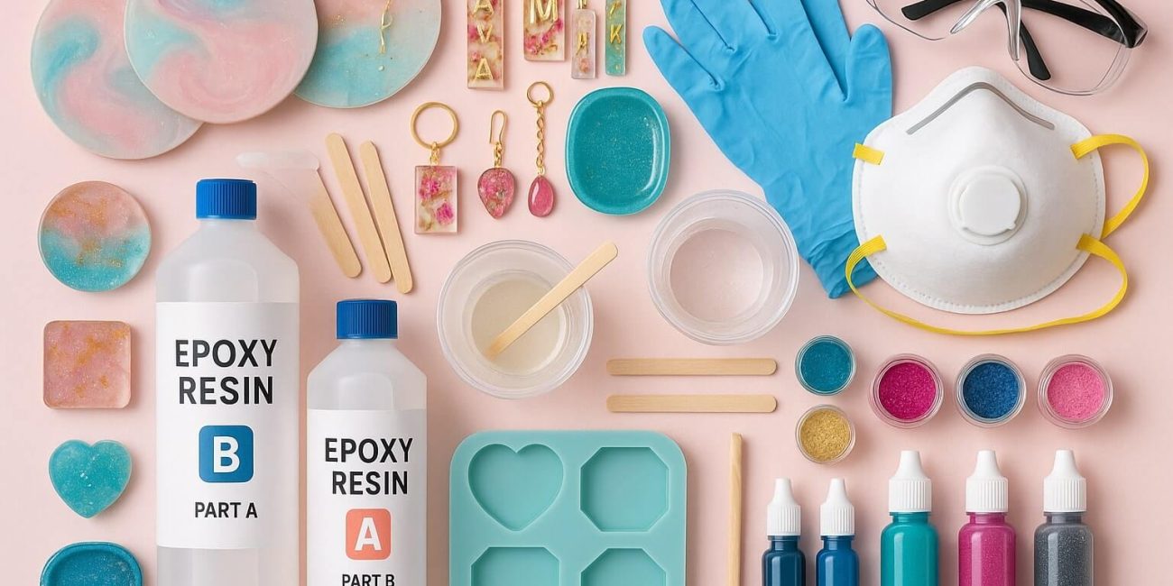 Essential resin art supplies for beginners, including epoxy resin, safety gear, silicone molds, pigments, and finished beginner projects