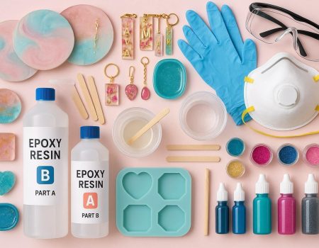 Essential resin art supplies for beginners, including epoxy resin, safety gear, silicone molds, pigments, and finished beginner projects