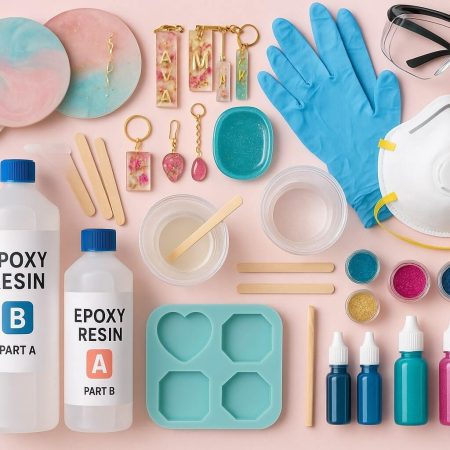 Essential resin art supplies for beginners, including epoxy resin, safety gear, silicone molds, pigments, and finished beginner projects