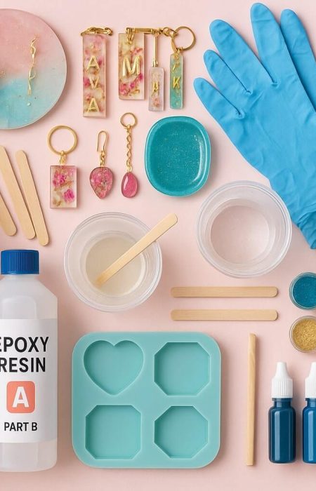 Essential resin art supplies for beginners, including epoxy resin, safety gear, silicone molds, pigments, and finished beginner projects