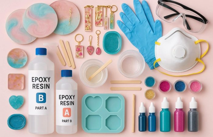 Essential resin art supplies for beginners, including epoxy resin, safety gear, silicone molds, pigments, and finished beginner projects