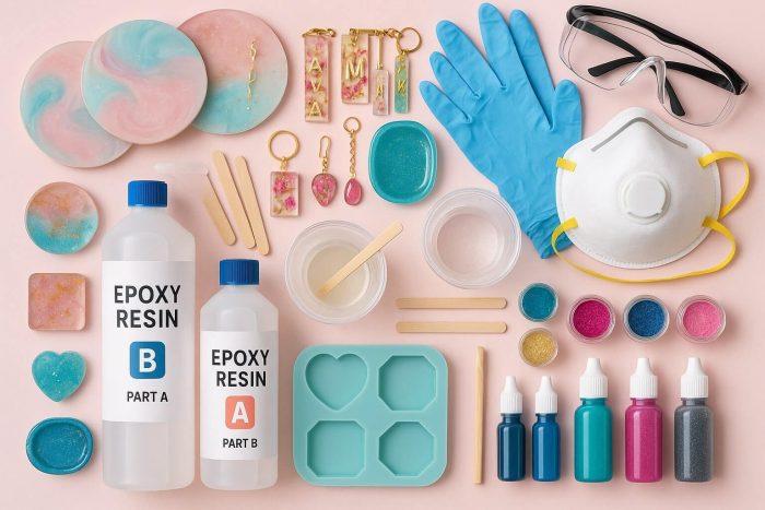 Essential resin art supplies for beginners, including epoxy resin, safety gear, silicone molds, pigments, and finished beginner projects