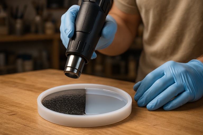 Artist using a heat gun to remove bubbles from an epoxy resin surface safely