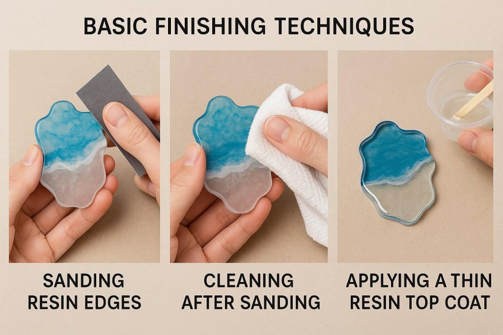 Step-by-step educational guide clearly illustrating resin finishing techniques: sanding edges, post-sanding cleanup, and applying a glossy top coat for professional finish.