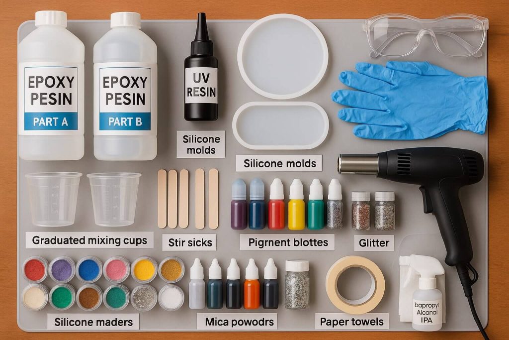 Complete beginner resin art toolkit including epoxy and UV resin, silicone molds, measuring cups, PPE, mica powders, pigment bottles, glitter, heat gun, IPA, and mixing tools.