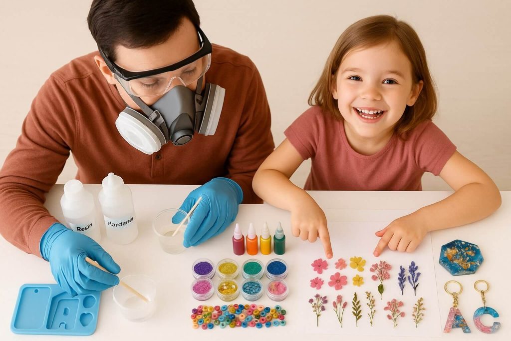 Adult supervising and handling resin safely while a smiling child participates by selecting decorations like glitter and flowers, showcasing safe and joyful resin crafting with children.