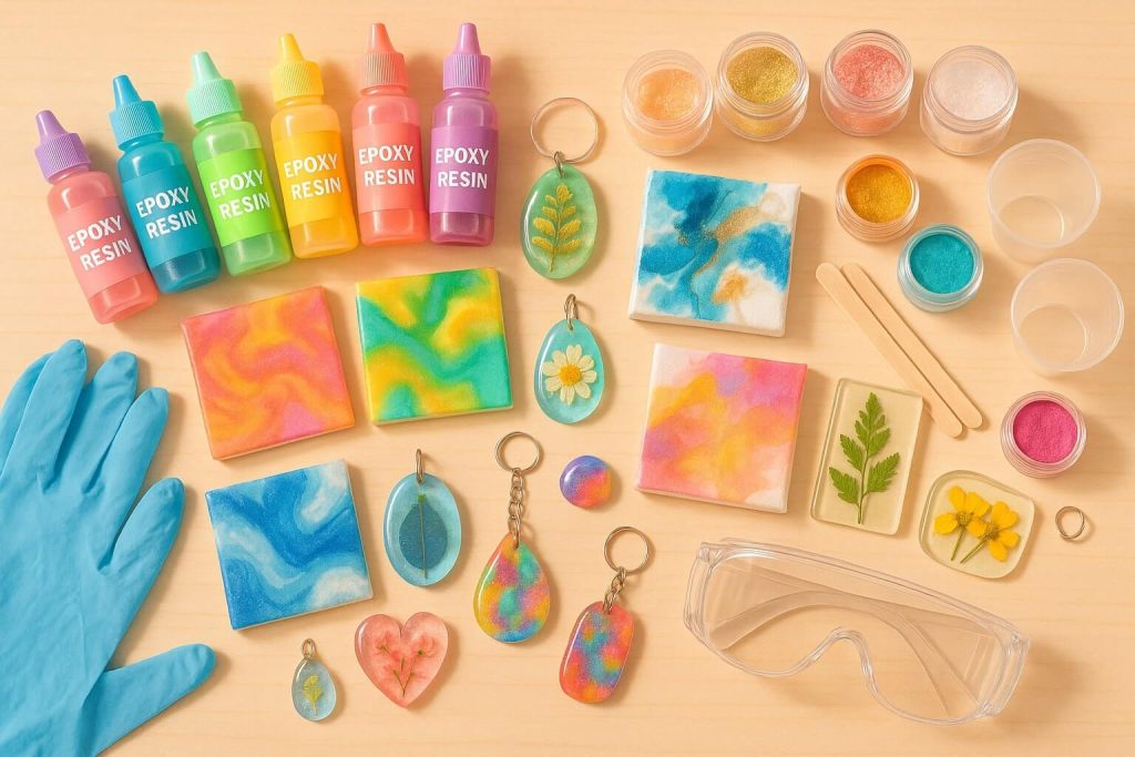 Inspiring overhead view of vibrant, beginner-friendly no-mold resin crafts including coasters, pendants, and magnets.