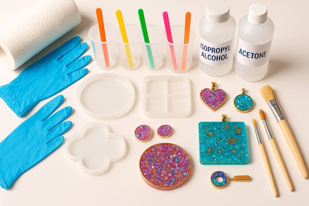Bright and inviting resin workspace showcasing sparkling clean tools, silicone molds, mixing cups, and finished resin crafts, inspiring beginners to effective resin cleaning.