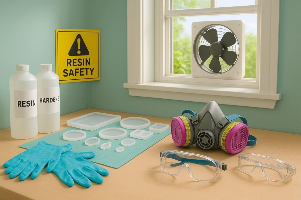 Inspiring overhead view of a safe, professionally organized home workspace for responsible resin crafting.