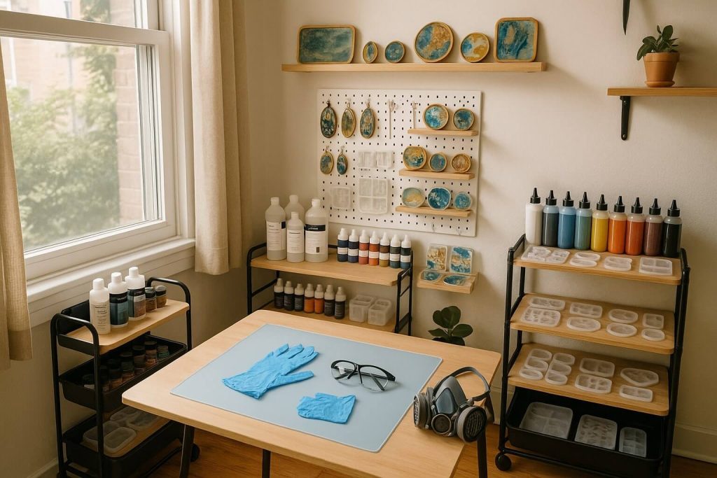 Cozy and stylish small-space resin art studio with vertical storage, organized tools, proper ventilation, and neatly displayed resin artwork, ideal for apartments or dorms.