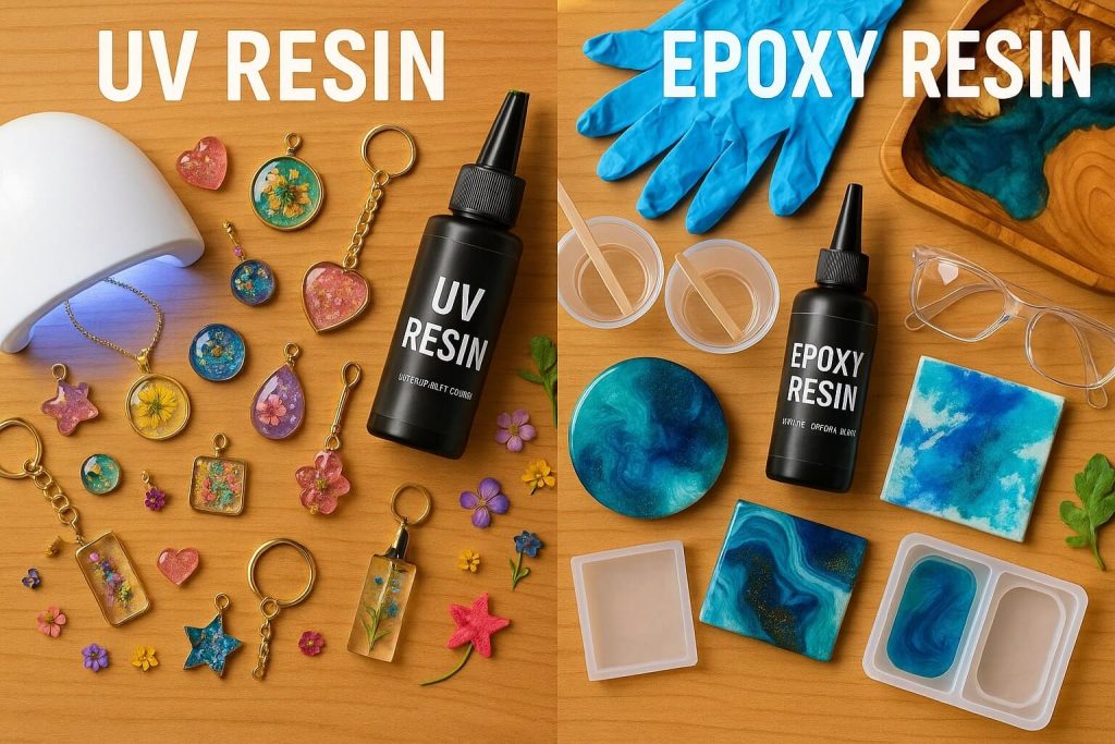 Inspiring split-screen overhead photo showcasing the creative potential of UV resin (small jewelry) and epoxy resin (larger coasters and trays) projects for beginners.