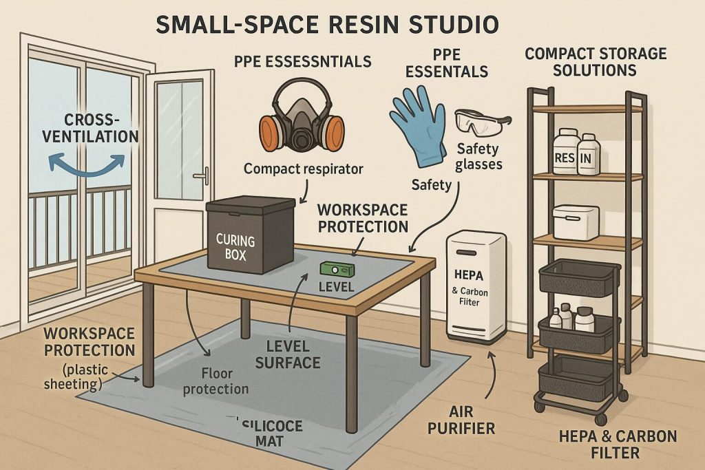 Infographic illustrating a safe resin crafting setup in compact spaces, emphasizing ventilation, PPE essentials, storage solutions, workspace protection, and a compact air purifier.