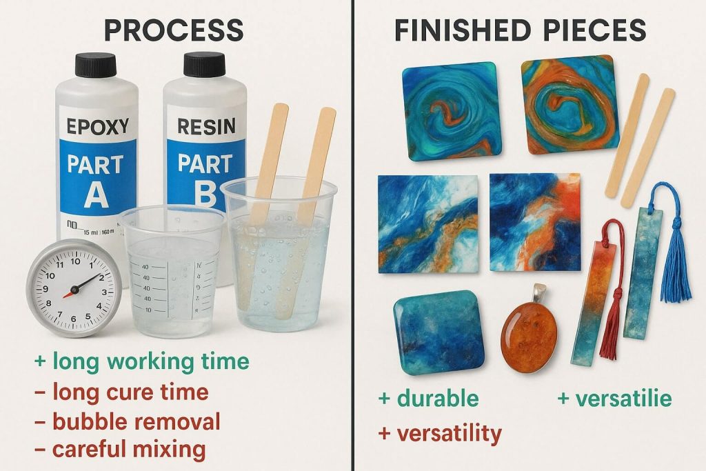 Educational image illustrating epoxy resin basics, clearly showing mixing process, long working time, and various durable finished projects.