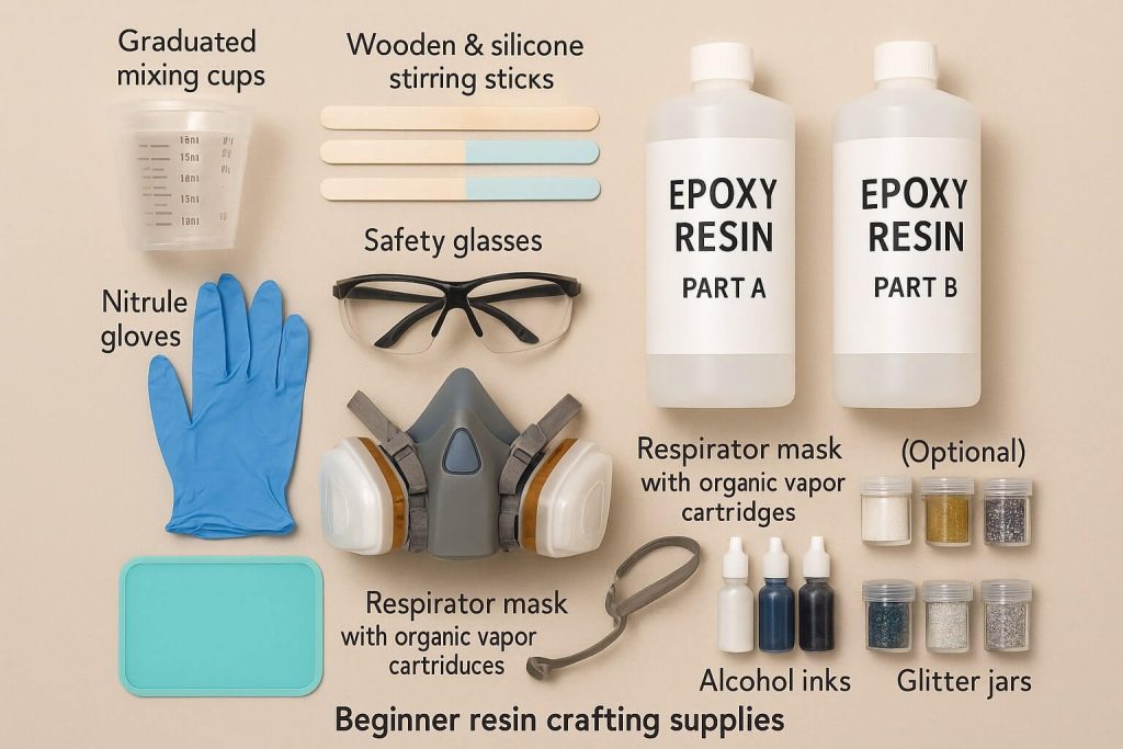 Clear, educational flat-lay showcasing essential beginner supplies for easy no-mold resin crafts, including safety gear.