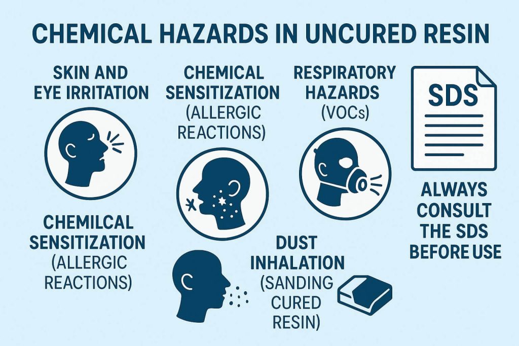 Clear infographic detailing chemical hazards in uncured resin, emphasizing the importance of Safety Data Sheets (SDS).