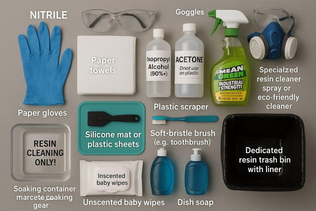 Neatly organized flat-lay photo of essential resin cleaning supplies including nitrile gloves, IPA, acetone, brushes, silicone mats, paper towels, and dedicated disposal bins.