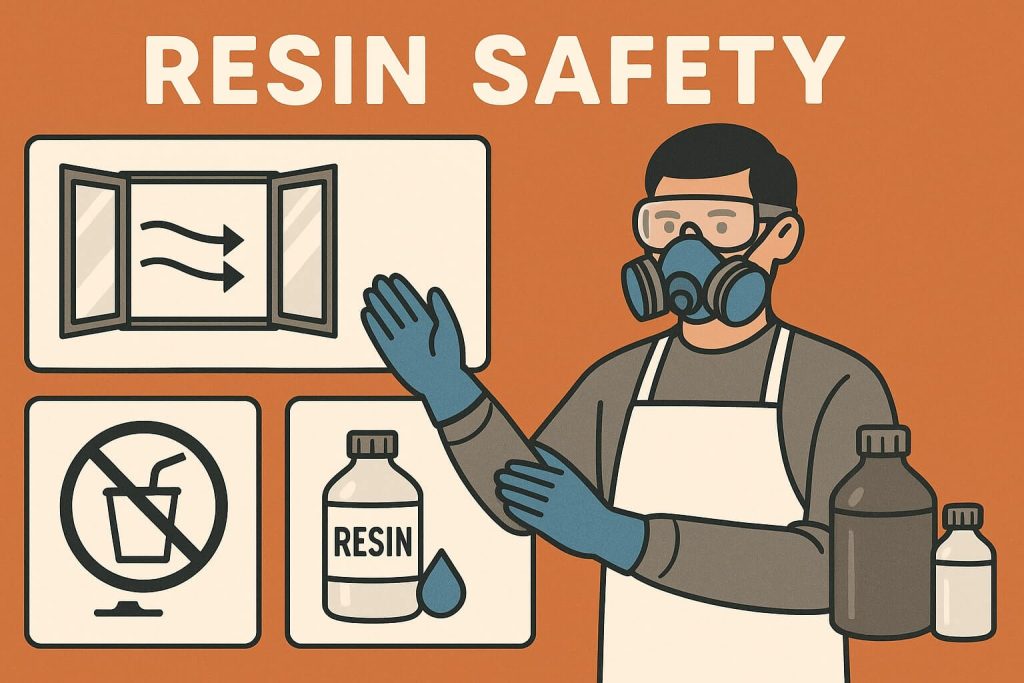 Clear instructional image showing essential resin safety gear (gloves, respirator, goggles), proper ventilation techniques, sealed resin bottles, and responsible waste disposal.