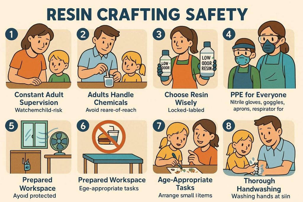Clear, colorful infographic visually presenting ten indispensable safety rules for safely crafting with resin and children, emphasizing adult supervision, PPE, and clear communication.