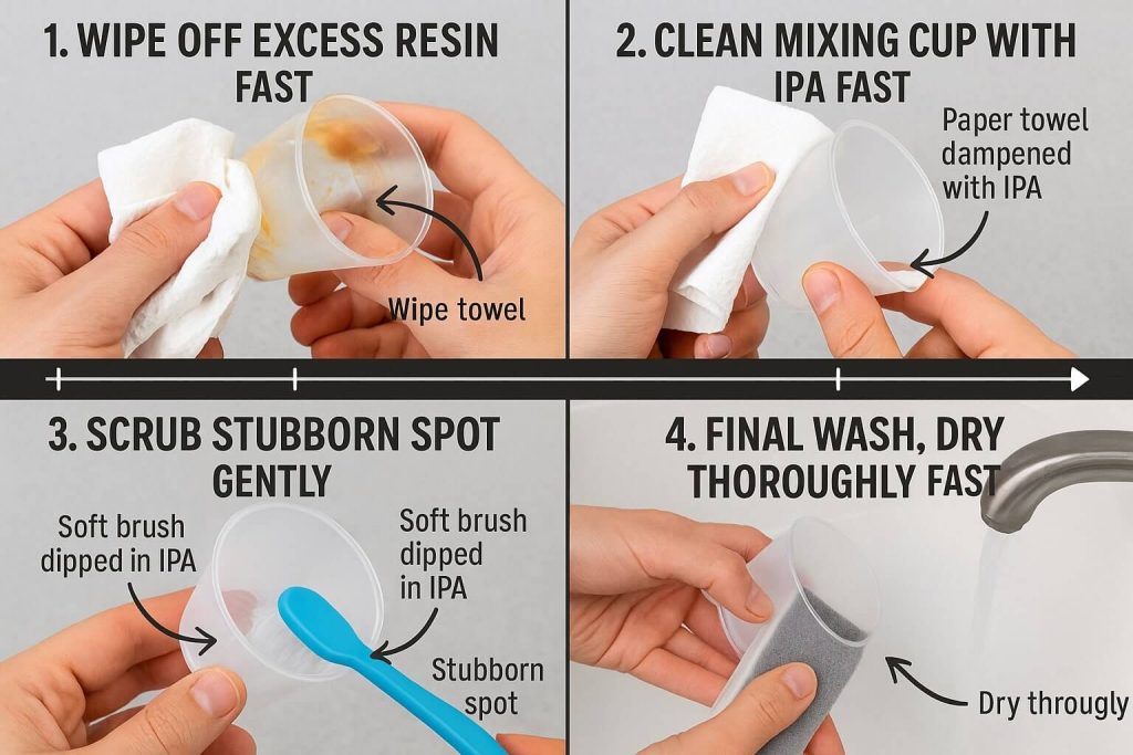 Clear step-by-step photo guide demonstrating quick and efficient cleaning of uncured resin from tools using paper towels, IPA, and gentle scrubbing.
