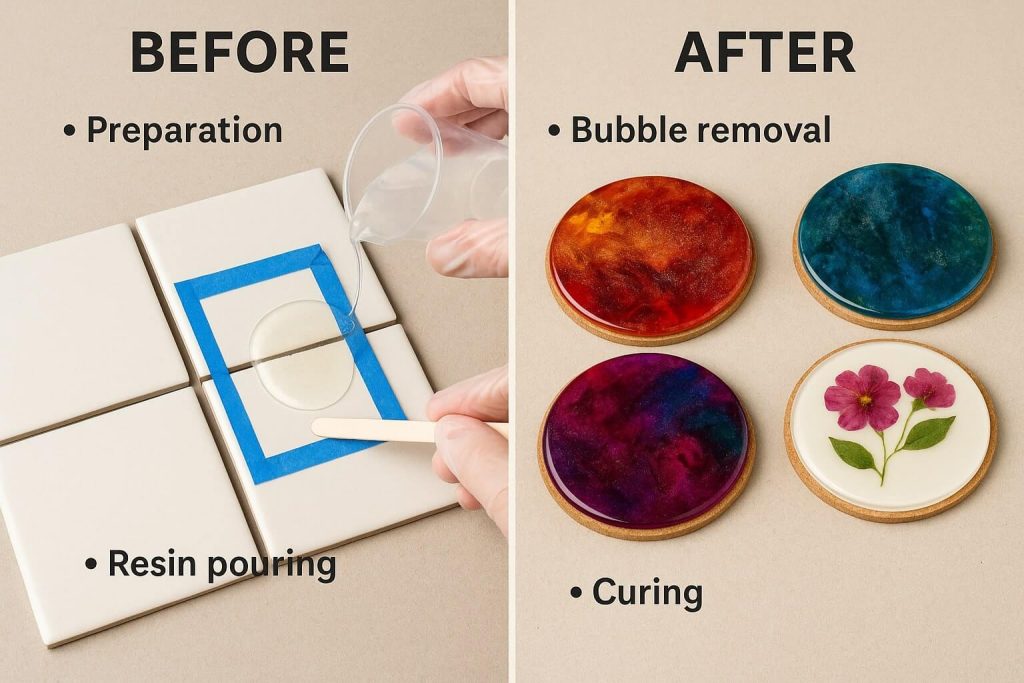 Detailed instructional photo of DIY ceramic tile resin coasters showing step-by-step process and finished results.
