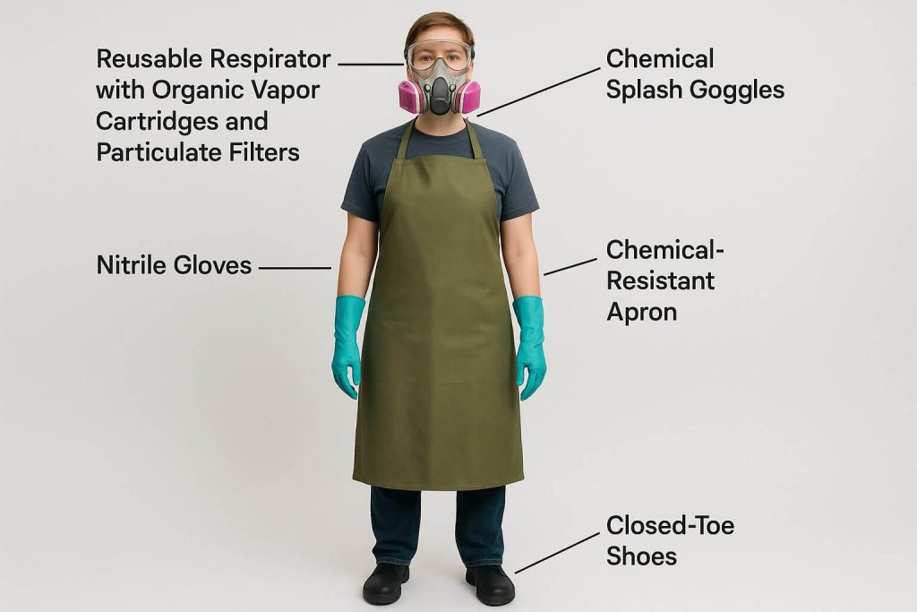 Detailed photograph showcasing complete resin safety gear: respirator, nitrile gloves, goggles, apron, and closed-toe shoes.