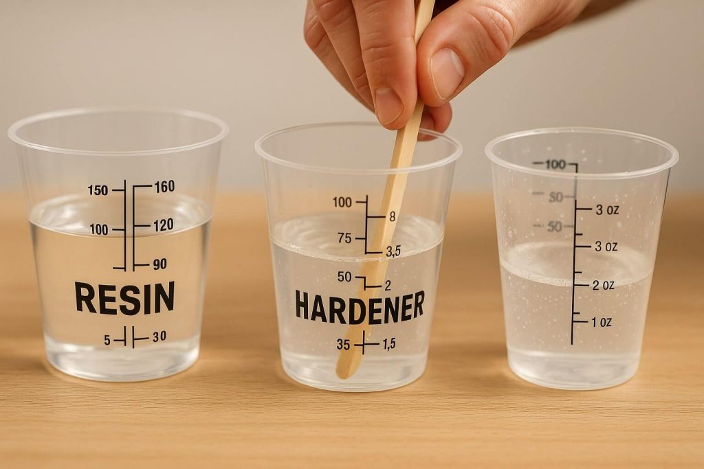 Detailed close-up showing correct epoxy resin measuring and thorough mixing steps, including precise graduated cups and double-potting method for perfect resin projects.