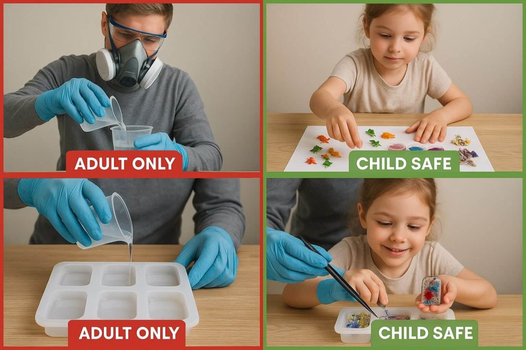 Step-by-step instructional photos clearly showing adult-only resin handling tasks and safe child-friendly activities, demonstrating how kids can safely participate in creative resin projects.
