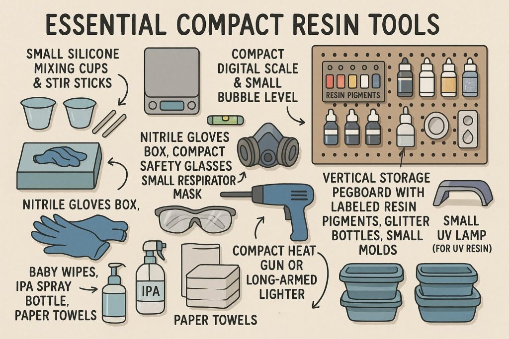 Neatly organized compact resin art tools kit including mixing cups, digital scale, PPE, compact heat gun, vertical storage solutions, and silicone mats ideal for small crafting areas.