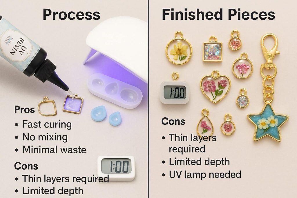 Clear instructional photo highlighting the fast and precise UV resin process, including curing under a UV lamp and detailed small jewelry creations.